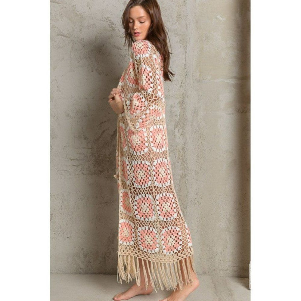 POL Kauai Crochet Long Tie Cardigan in Blush Beige FST317A - Picture 7 of 8